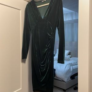 Green velvet v-neck dress